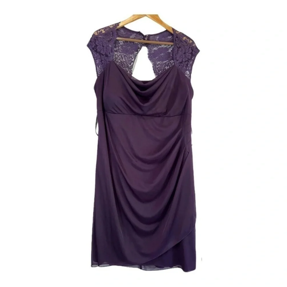 NWT David's Bridal XSCAPE Woman Joanna Chen Purple Lace Shoulder Drape Dress 18 - Picture 1 of 16